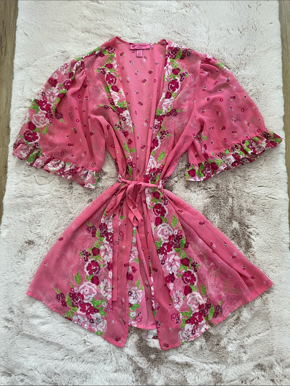 Vintage Y2K Betsey Johnson Lightweight Pink Floral Sheer Tie-Waist Robe